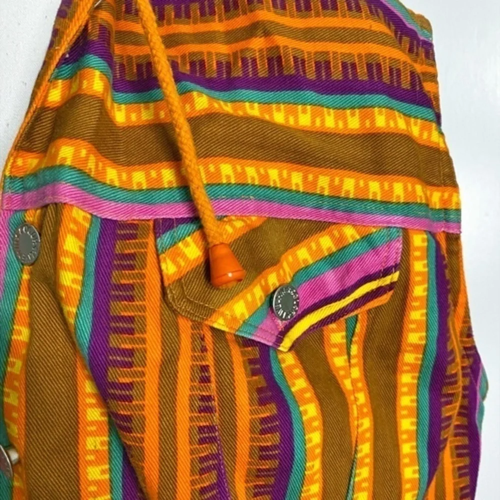 Live‎ in Color 1990’s Multicolored Stripe Aztec Sleeveless Jean Jacket w/ Hoodie